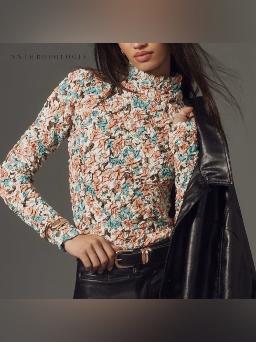Anthropologie Dolan Left Coast Pebble Smocked Floral Turtleneck XL boho stretchy